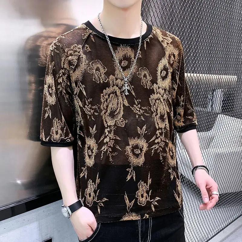 Fashion O-Neck Gauze Spliced Floral Hollow Out T-Shirts Men's Clothing 2024 Summer New Loose Casual Tops All-match Tee Shirt