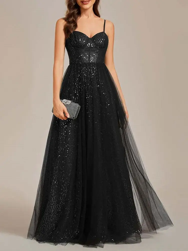 

Customized Black Shiny Evening Dress Spaghetti Strap A-line Wedding Guest Dress Formal Occasion Elegant Women's Party Ball Gowns