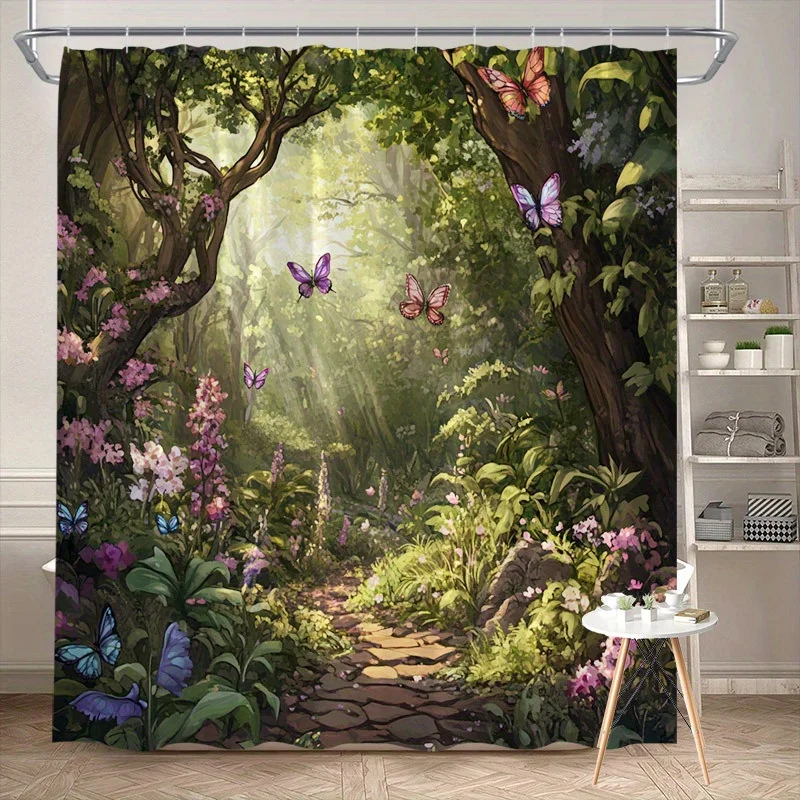 Magical Forest Shower Curtain-Stone Pathway, Colorful Butterflies, Sunlit Greenery, Pink Purple Blossoms, Fairy-Tale Atmosphere