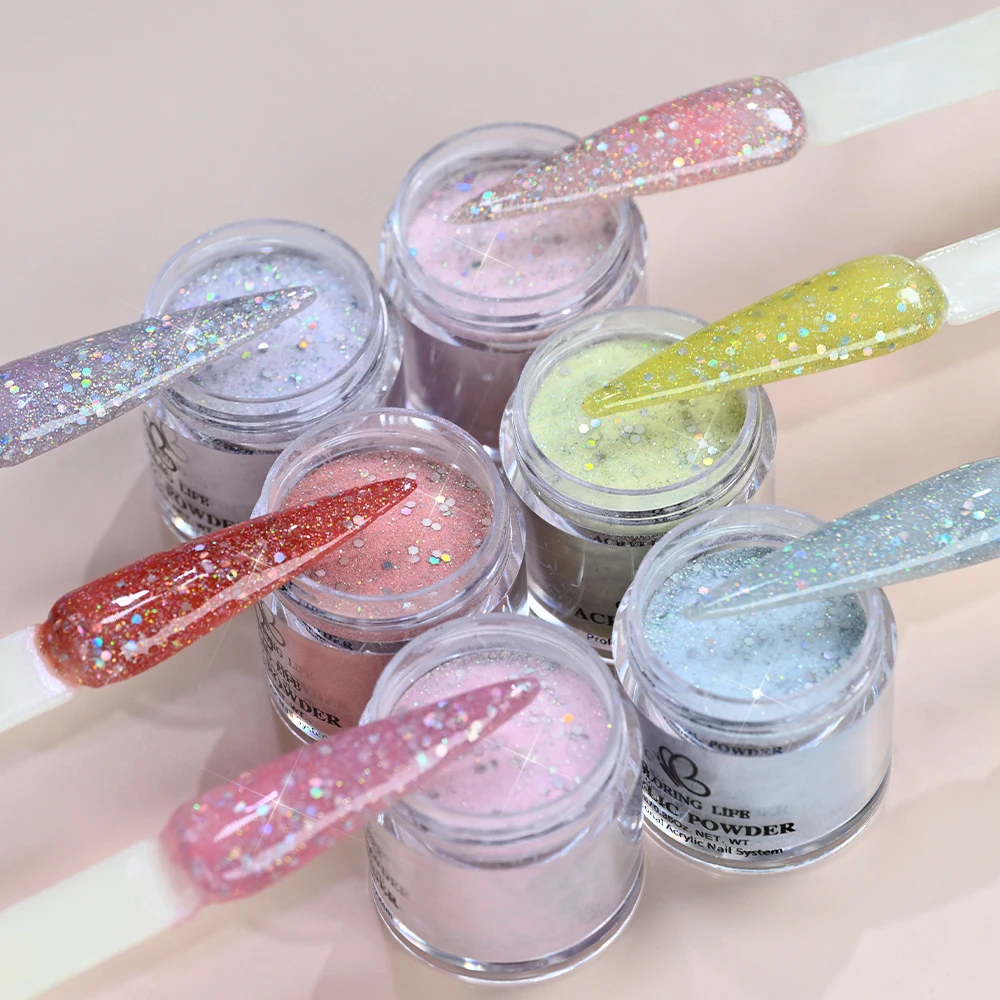 6pcs/set Sparkly Glitter Nail Acrylic Powder Holographic Hexagon Sequins Nail Crystal Powder Carving Extension Nail Acrylic Dust