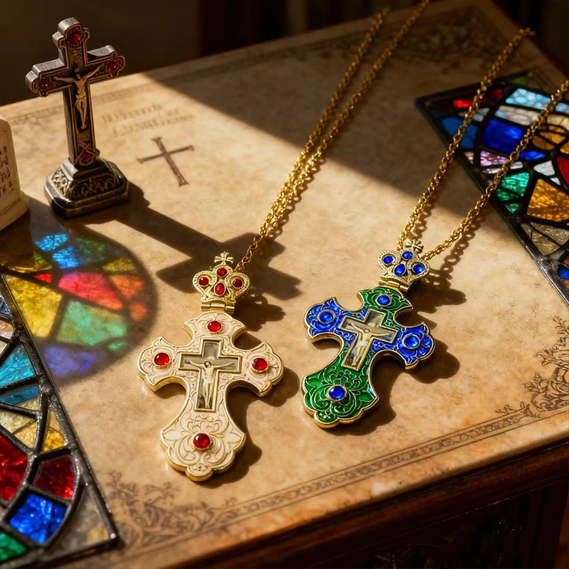 Neue 2026 Luxus-Emaille-Orthodoxe-Kreuz-Halskette mit rotem Kristall & vergoldetem Kruzifix-Ikonen-Schmuck für Priester, Liturgie & Sakramente – Detail 17