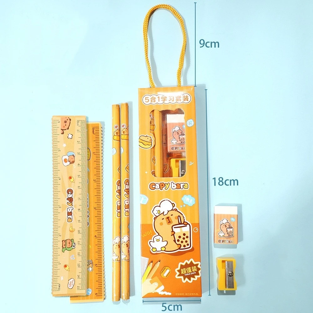 مجموعة أدوات مكتبية موثوقة 5 في 1 من كابيبارا، مجموعة أدوات مكتبية كابيبارا اللطيفة، مجموعة مسطرة ومبراة محمولة لفئة الفن