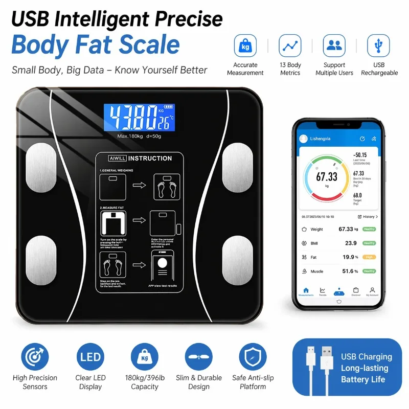 Balança de gordura corporal inteligente USB, 1 unidade, recarregável, digital, eletrônica, precisão, com aplicativo, 13 métricas, para casa, banheiro, academia