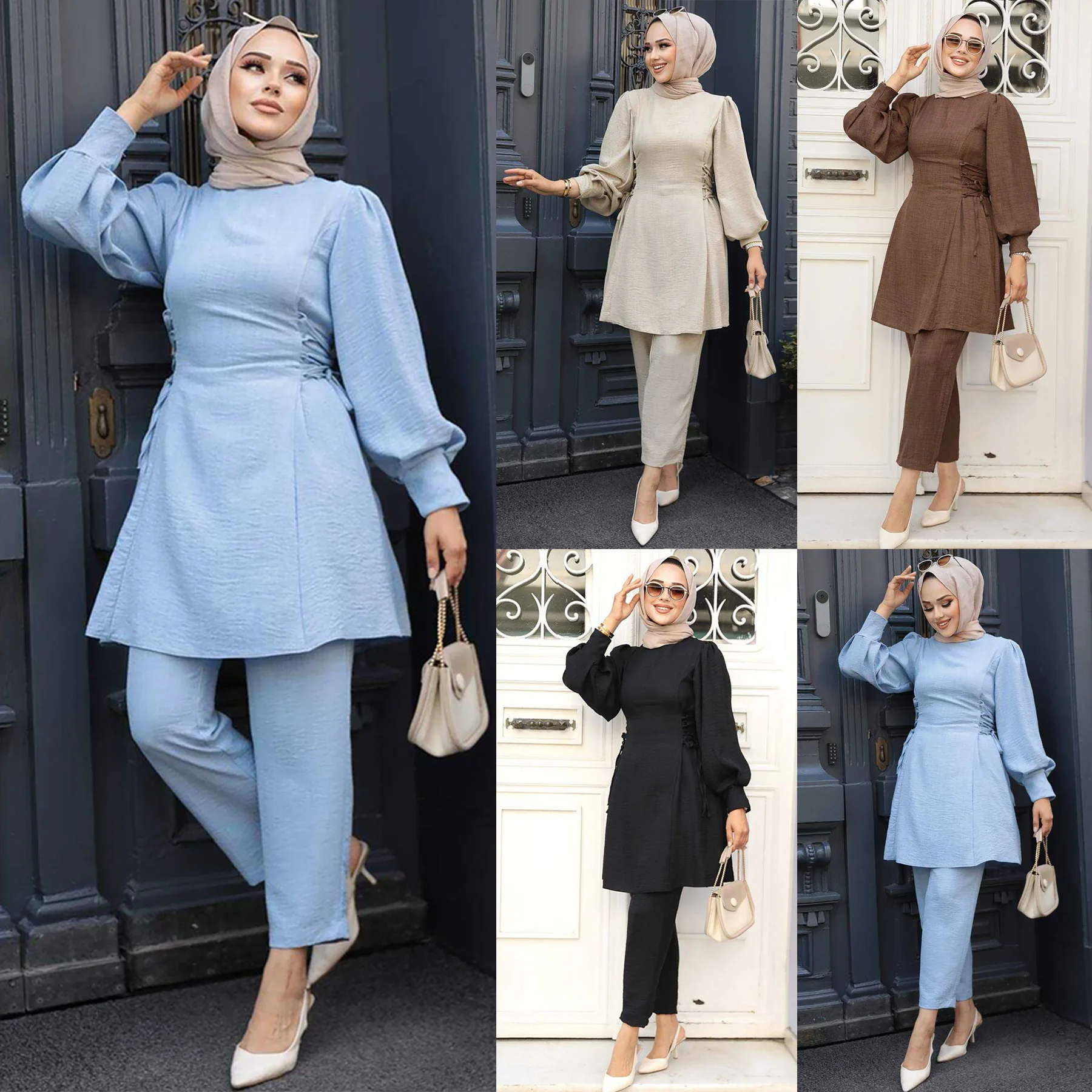 Muslim 2 Piece Set Women Tops Straight Pants Suit Ramadan Lace Up Morocco Dubai Islam Casual Ensemble Trousers Arabic Outfits