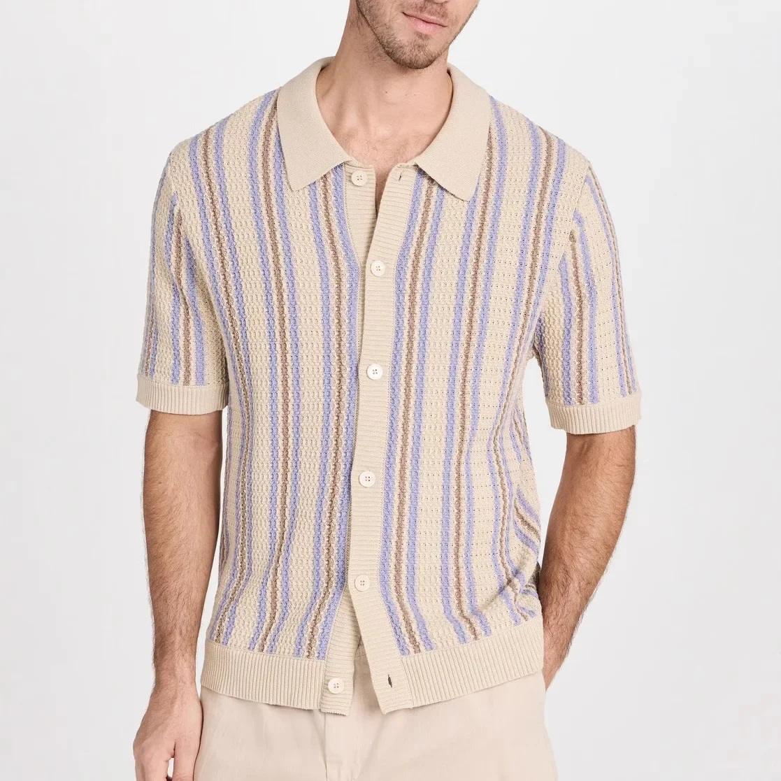 American Summer New Fashion Men's Turn-down Collar Short Sleeve Multi Color Striped Knitted Hollowed Out Shirts Male Clothes