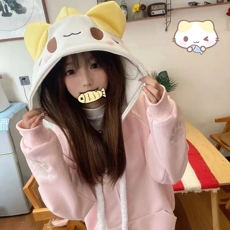 Y2K الحلو التطريز لطيف Harajuku أنيمي القط جاكيتات طويلة الأكمام سترة معطف المرأة ربيع جديد هوديي طالب بلوزات هدية