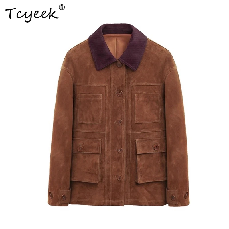 Tcyeek piel De oveja auténtica primavera otoño solapa De moda gamuza marrón chaqueta De cuero genuino para mujer chaqueta De cuero Legítimo femenina