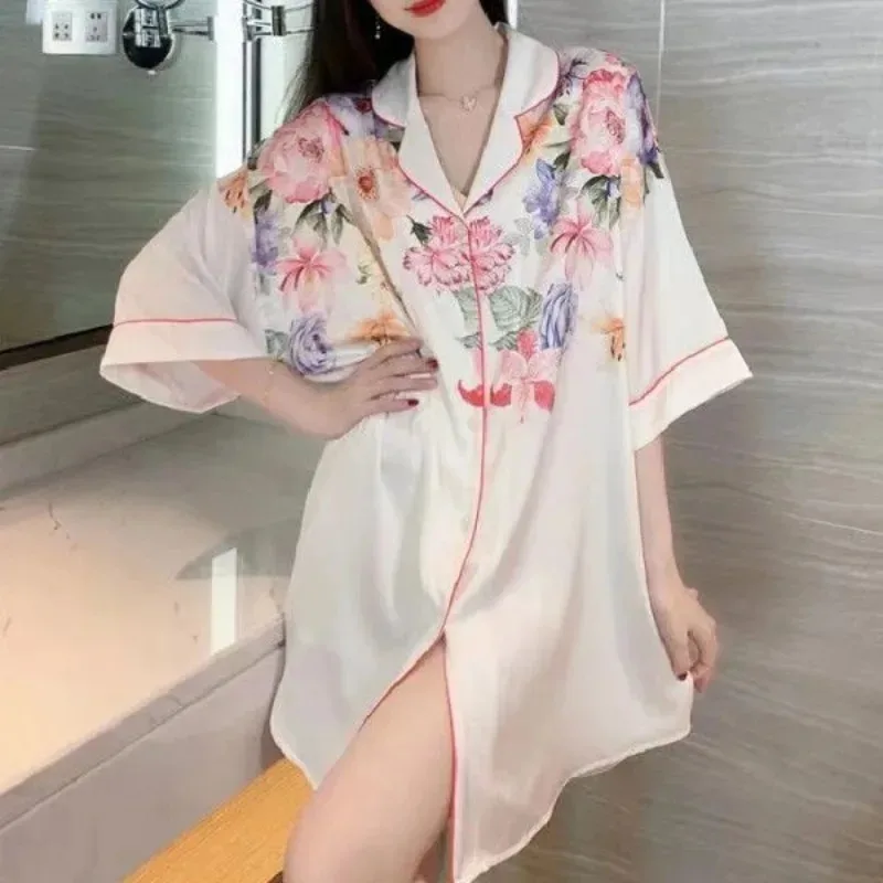 Extra-large Short Nightdress Women Summer 2024 New Loungewear French Thin Shirt Half Sleeve Pajamas Women V-neck Homewear