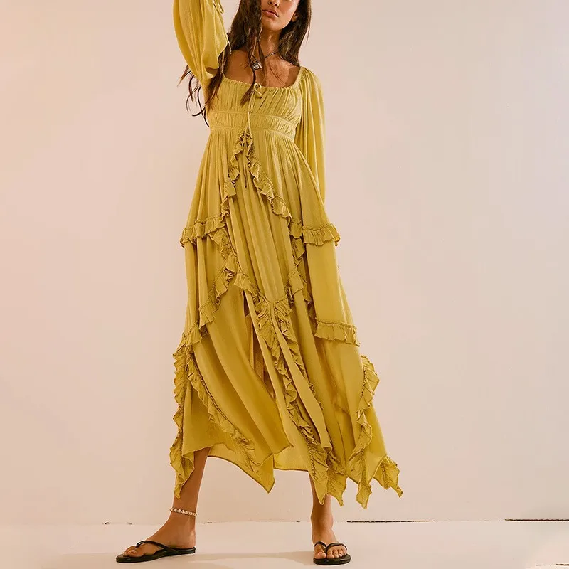

2025 New Women's U-neck Ruffled Lace Patchwork Slit Gentle Big Swing Dress Long Skirt Vestidos Para Mujer Ropa De Mujer Printing