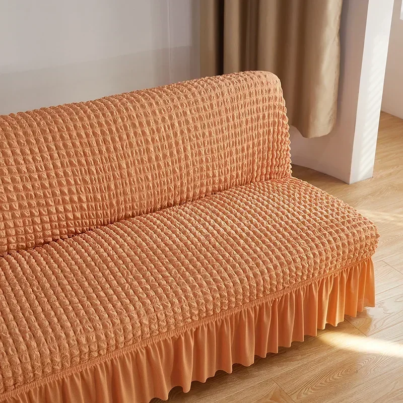 Bubble Gauze Armless Sofa Cover with Skirt Hem Nordic Elastic Solid Couch Covers Anti-Wear Furniture Protector for All Seasons