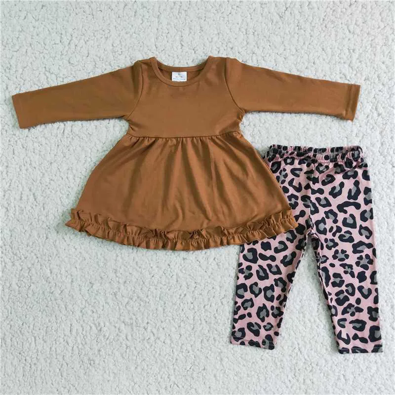 

New Spring Fashion Kids Brown Long Sleeve Top Leopard Pants Set Boutique Wholesale Baby Girls Children Clothing Outfits