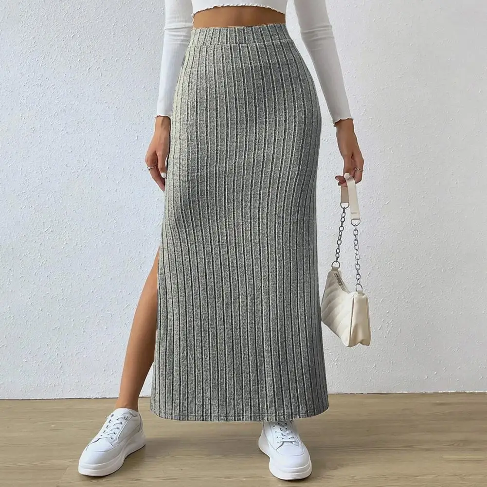 

Maxi Ribbed Skirt High Waist Skirt Chic Women's High Waist Maxi Skirt Ribbed Knitting Side Slit Slim Fit Solid for Streetwear