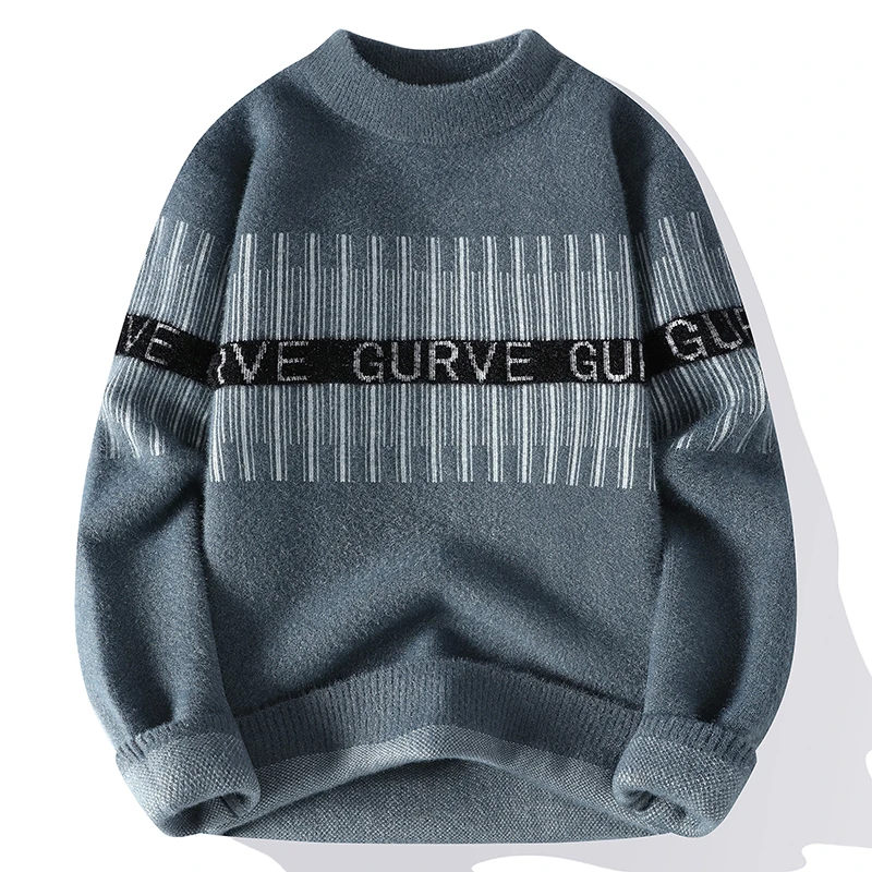 Men's New Crystal Mink Knitwear Fashion Vertical Striped Letter Print Pullover Comfortable Sweater