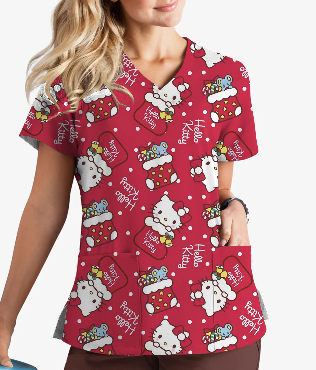 ディズニーシリーズハローキティプリントナース作業服、半袖ペット歯科医、医療、クリスマス、夏