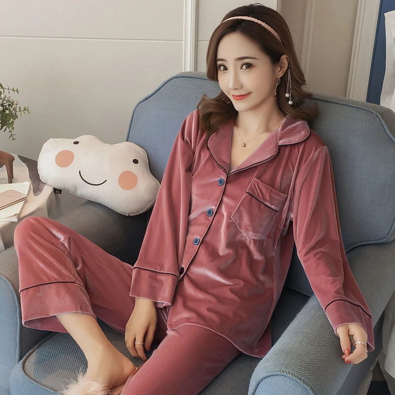 Autumn New Canary Velvet Sleep Wear Women Lapel Button Cardigan Women\'s Two Piece Set Simple Solid Color Luxury Women\'s Pajamas