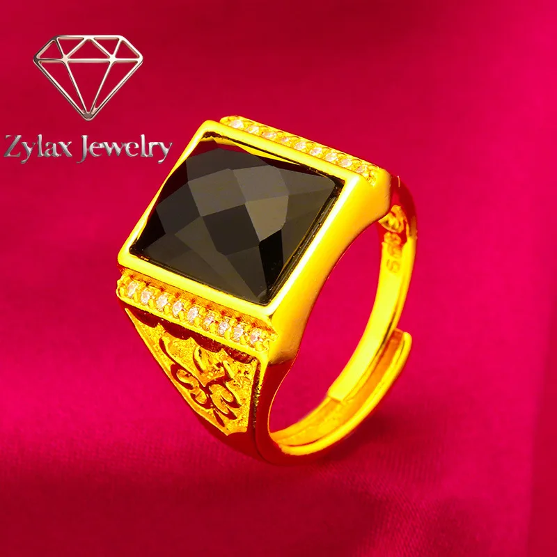 Bague ouverte carrée Zylax Jewelry pour homme en or 24 carats AU999 - Bande carrée large pour plus de stabilité, éclat doré discret pour les négociations professionnelles