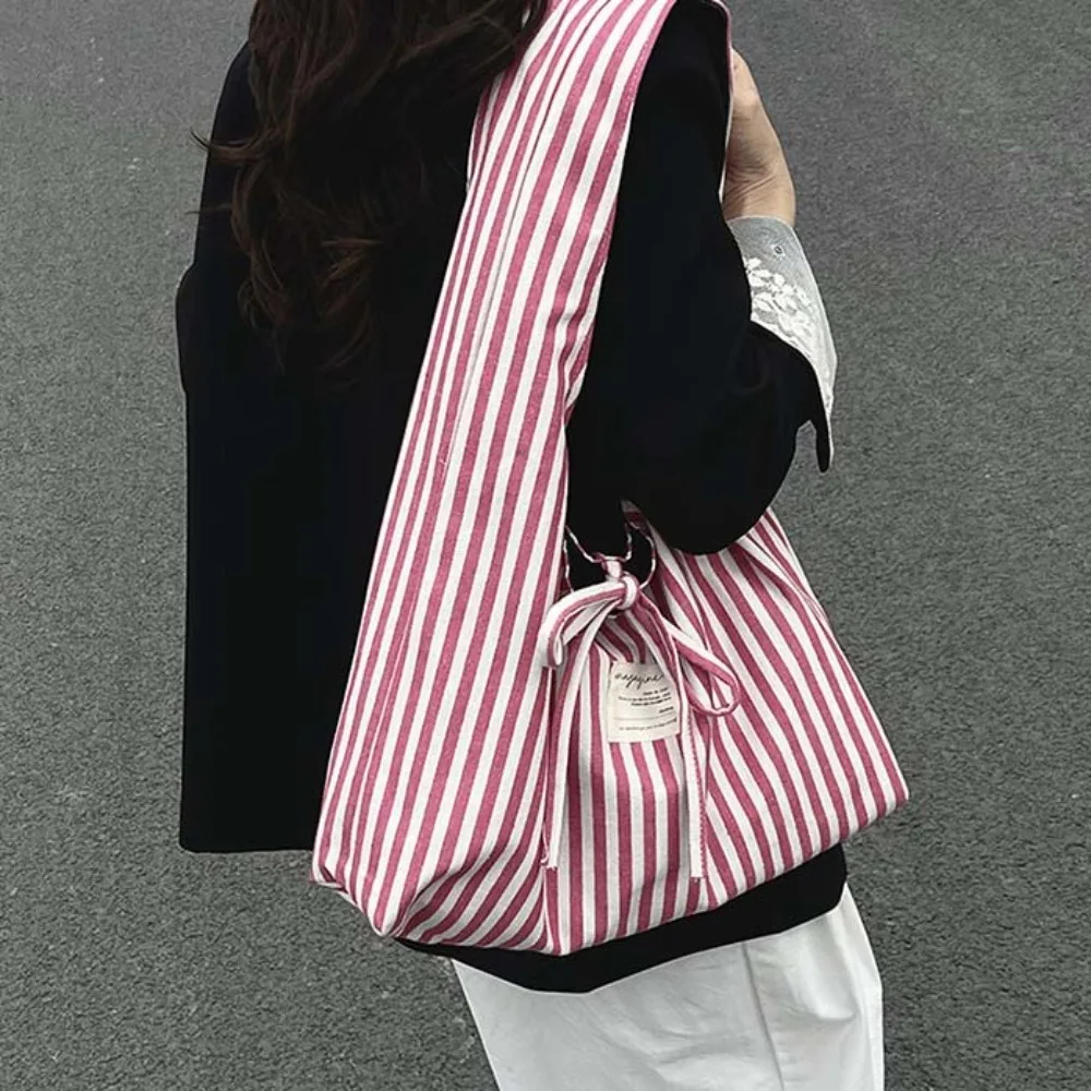

Sweet Double-sided Shoulder Pouch Contrast Color Large Capacity Stripe Cloth Vest Pouch Versatile Lightweight Women Tote Bag