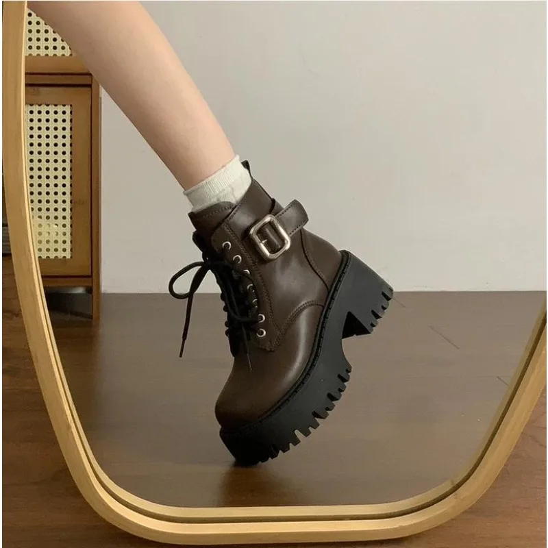 Women's High Heel Ankle Boots Round Head Square Heel Side Zip Women Boots Belt Buckle Spring Autumn Leisure Fashion Botines Shoe
