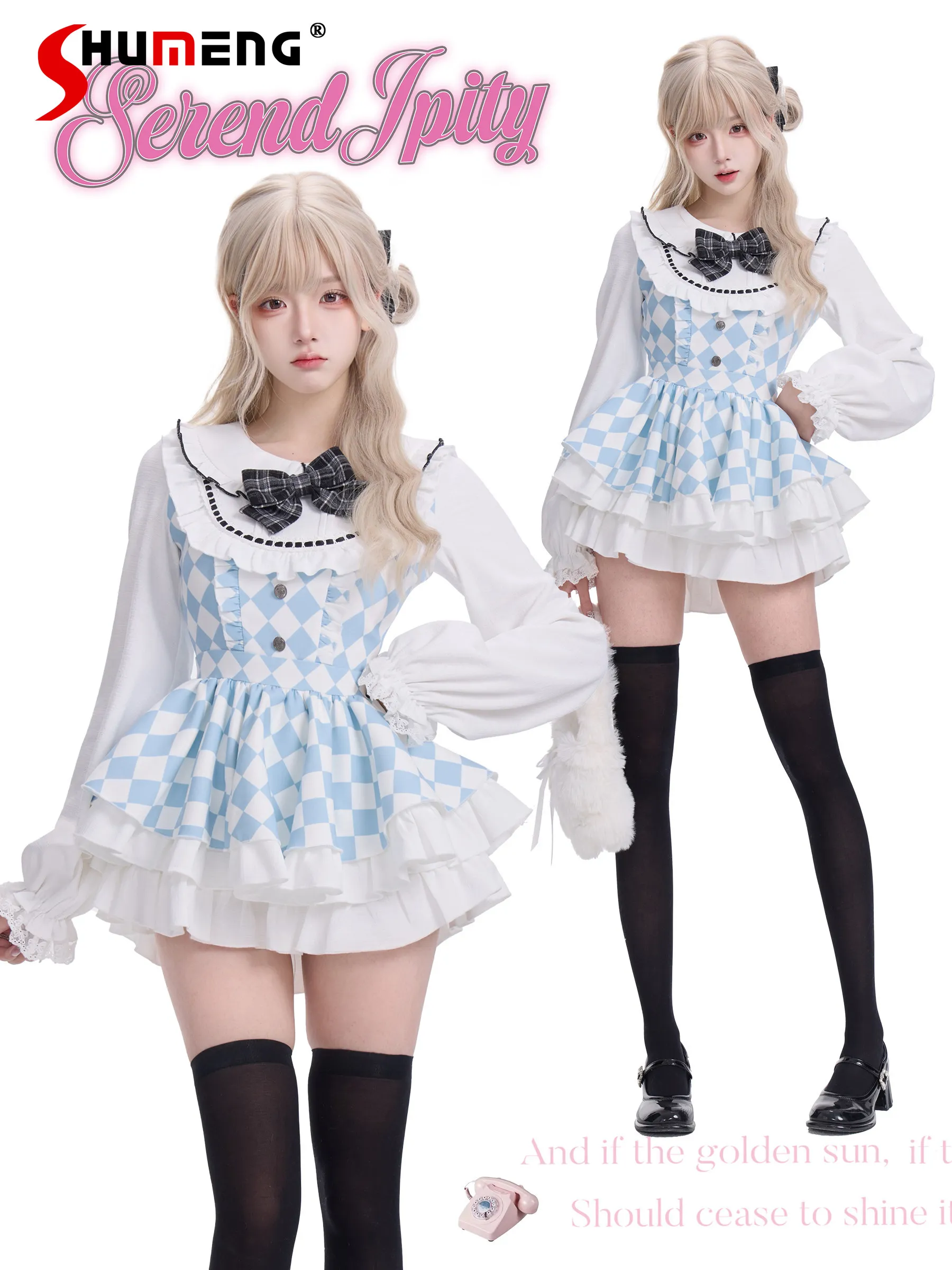 

Оригинальный японский стиль, элегантное милое синее плюшевое шерстяное платье с капюшоном для девочек, кукольный воротник, длинный рукав, клетчатое платье с высокой талией для женщин