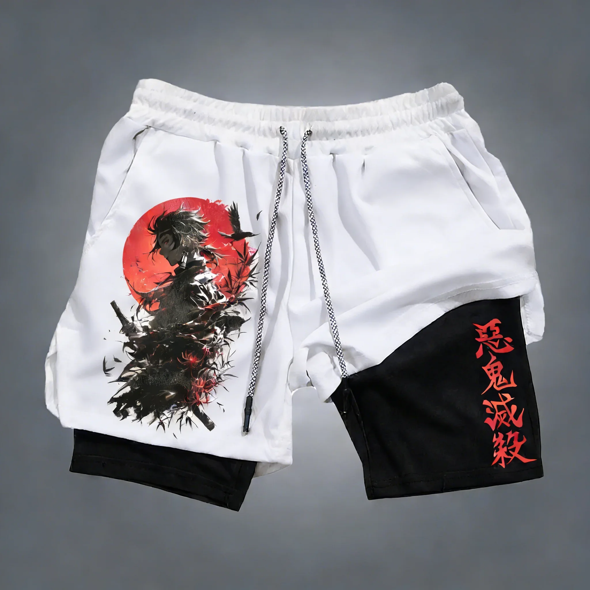 

2026 Demon Slayer Anime Co Branded 2-in-1 Shorts 2026 Summer New Men's Sports Fitness Breathable Fast Drying Double-layer Shorts