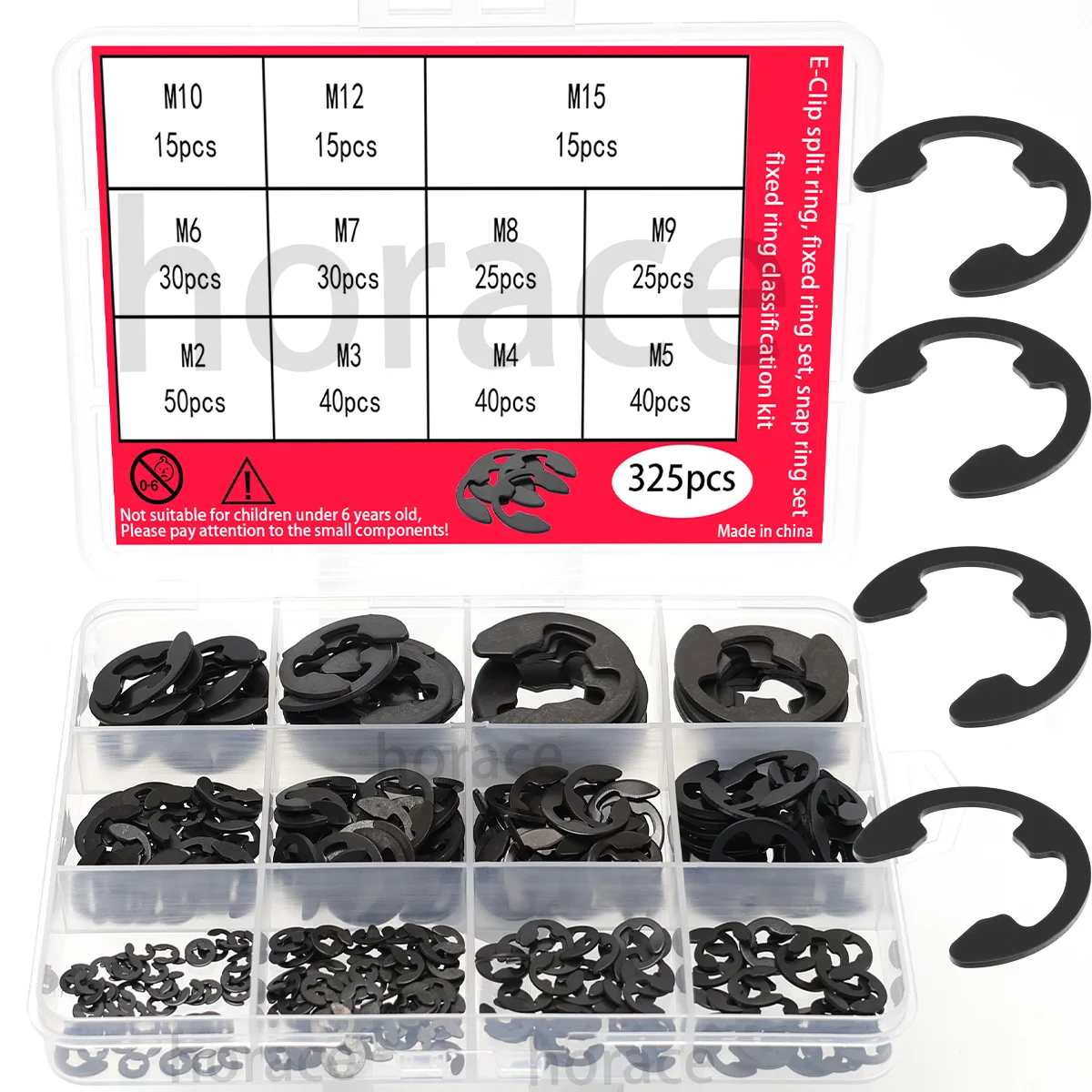 325-pcs/E-type circlip assembly kit | For shaft and hole applications, fixed circlip kit | M2-M15 | Black oxide coating /E-type