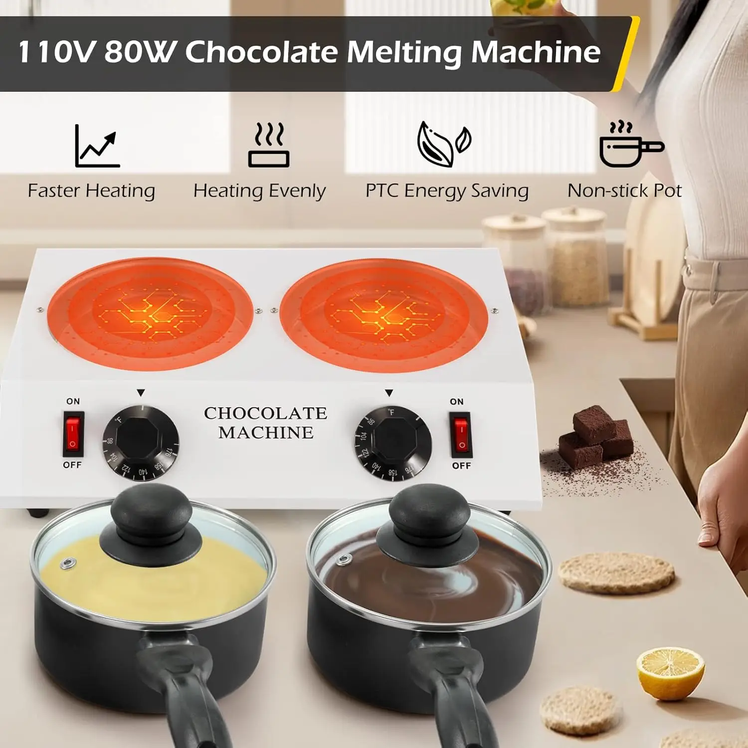 Chocolate Melting Pot Dual Chocolate Tempering Machine for Melting Chocolate, 80W Chocolate Melting Machine Electric