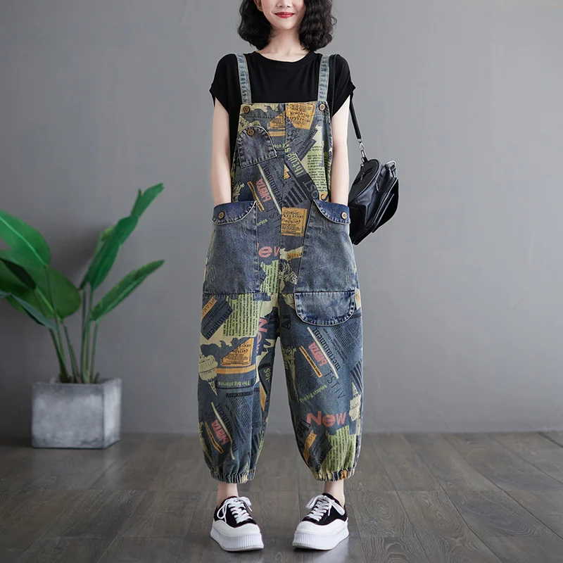 #2356 Spring Full Letters Printed Jeans Jumpsuits Women Big Pockets Loose Vintage Denim Jumpsuits Rompers Womens Retro Overalls