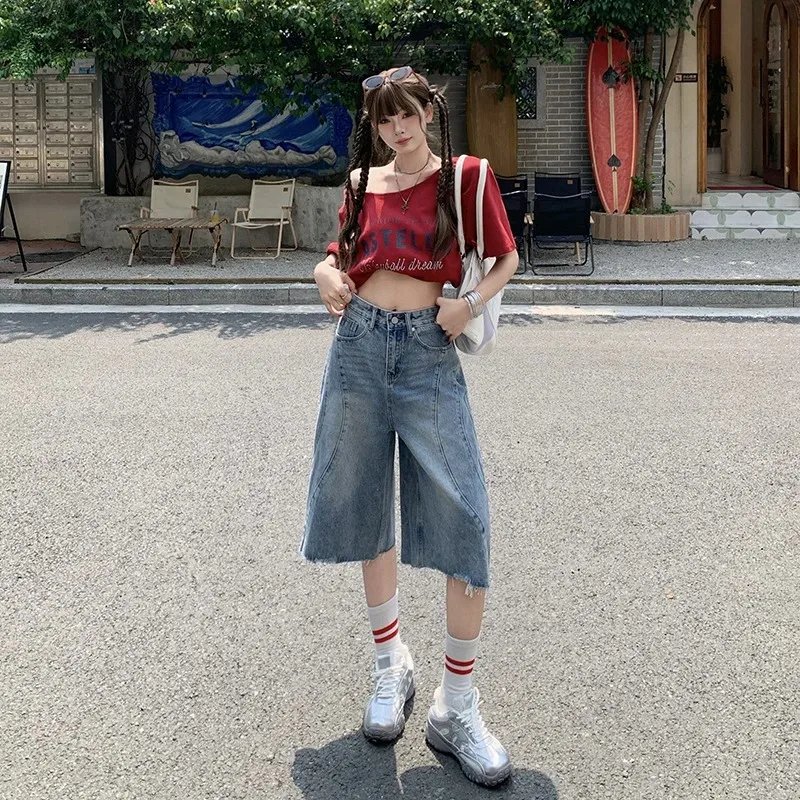 

Retro Washed High-waisted Wide-leg Denim Shorts, 2025 Women's Summer New Fashionable Loose Simple Patchwork Seven-inch Jeans