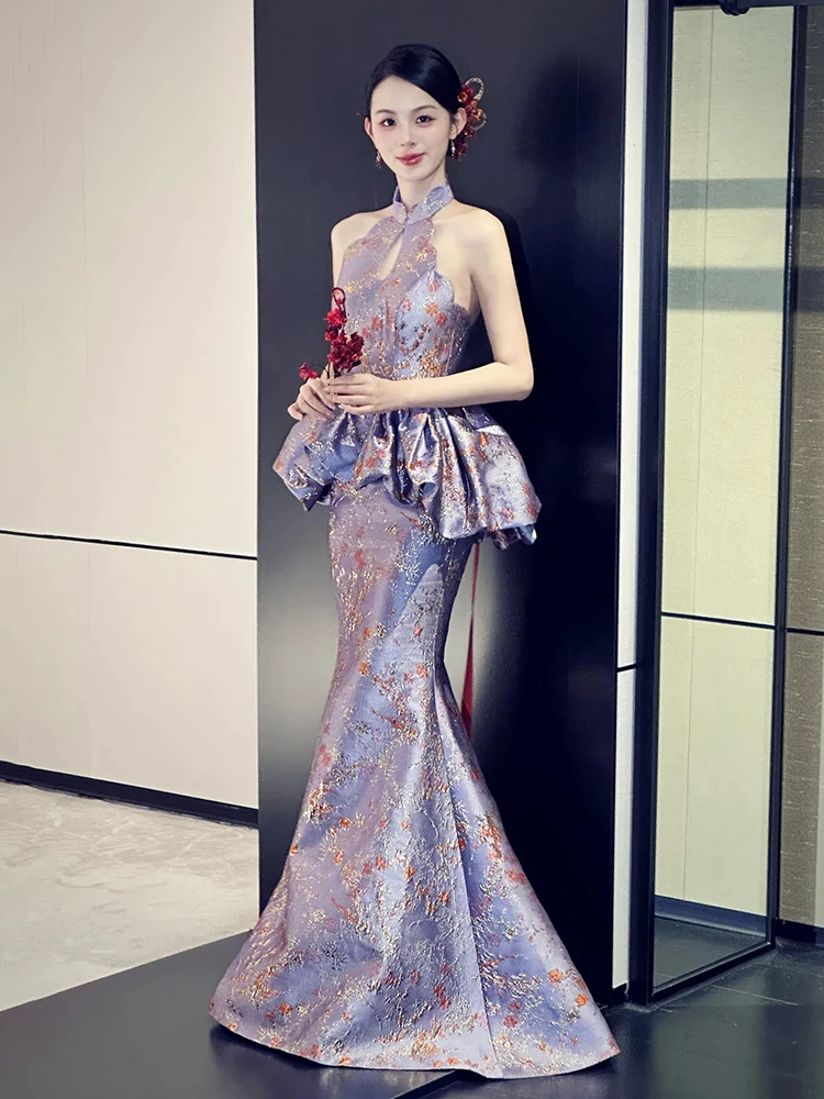 

New Chinese Toast Clothing 2025 High-Grade Fishtail Engagement Wedding Morning Gowns Halter Banquet Dress Bride