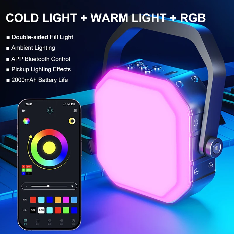 Portable RGB Photography Lighting Handheld LED Fill Light with 360° Rotation Bracket APP Smart Dimmable Music Sync Rhythm Lights