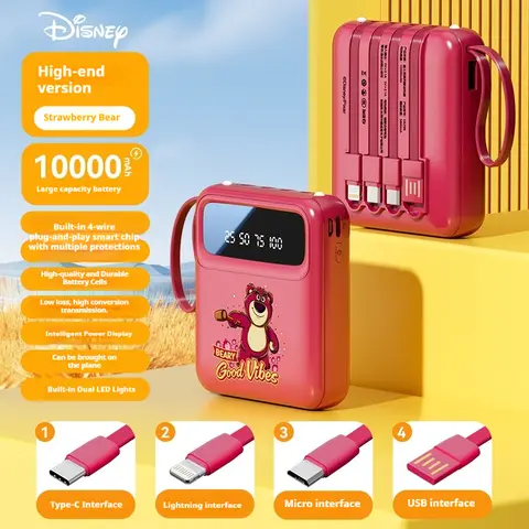 Disney Mickey Strawberry Bear Stitch Power Bank portátil con Cable incorporado capacidad de carga súper rápida de 1w Mah Power Bank