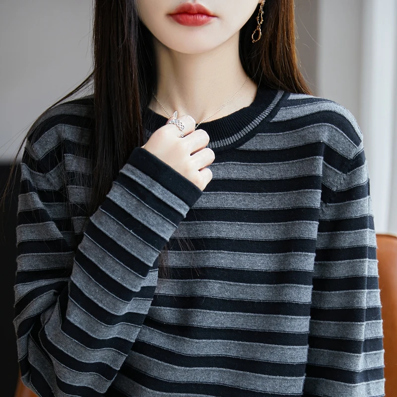 الخريف والشتاء المرأة الجديدة 100% القطن الخالص سترة مخططة عادية محبوك س الرقبة البلوز فضفاضة وعصرية المرأة #5