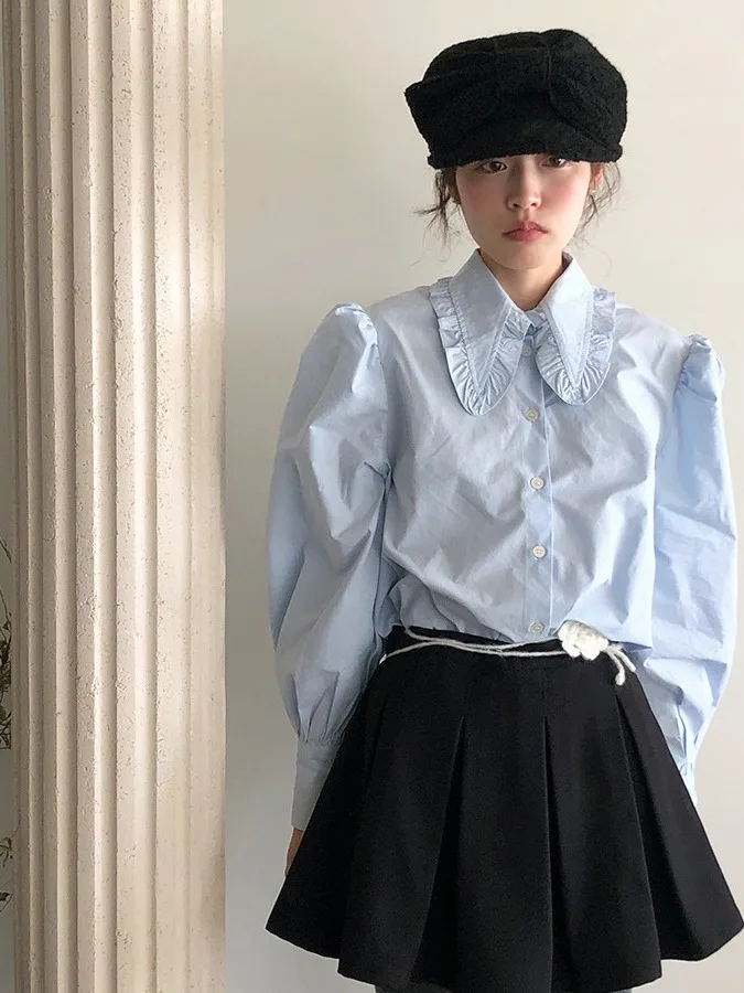 

Korean Sle Loose White irt with Wood ain Ruffle Collar for Women Autumn Faion Single Button up Top Doll Collar Blouse