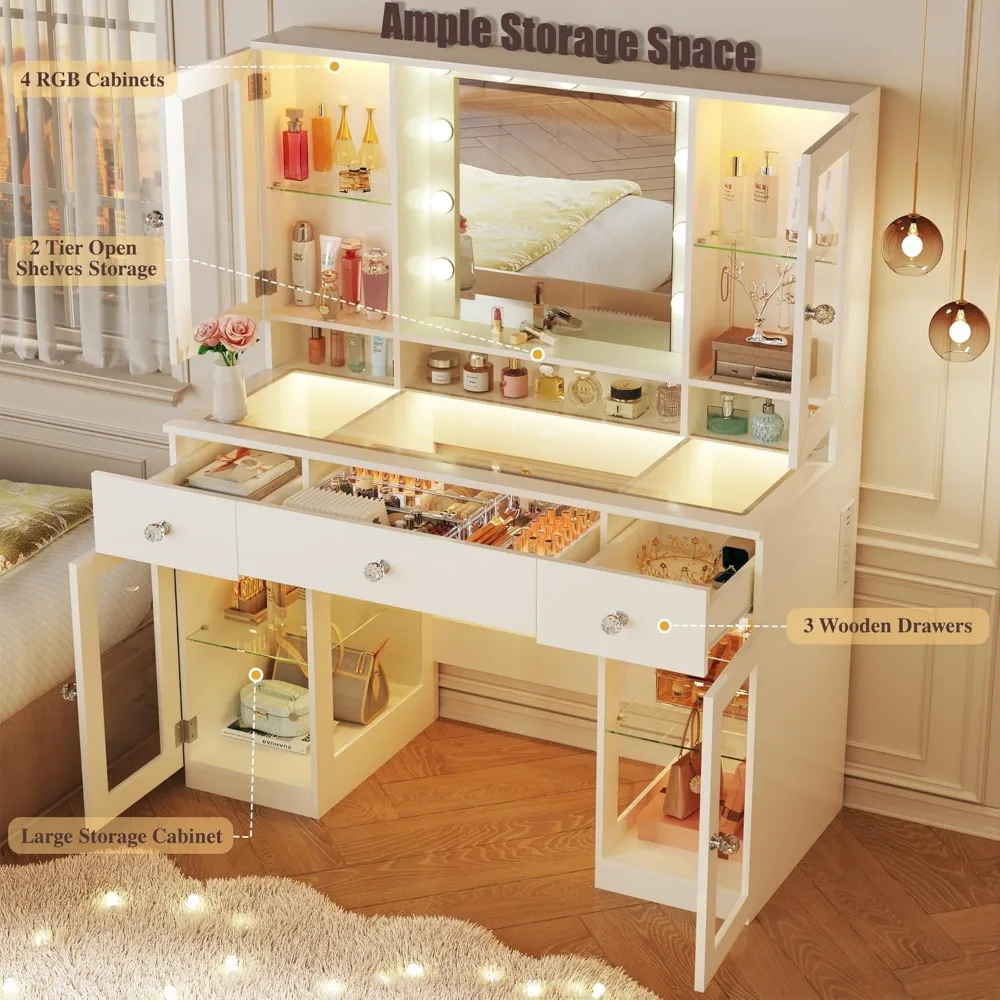 Vanity Desk with Mirror and RGB Lights, 43 Large Makeup Vanity with Glass Top, 4 Large Glass Cabinets, Power Outlet & 3 Drawers, image 4