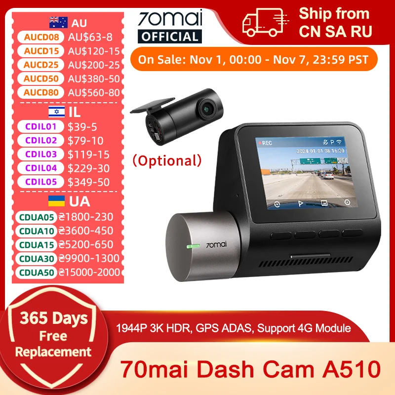 

2024 New 70mai Dash Cam A510 1944P HDR GPS ADAS 4G Connectivity 70mai 4G Front Cam A510 Car DVR 24H Parking Support Rear Cam