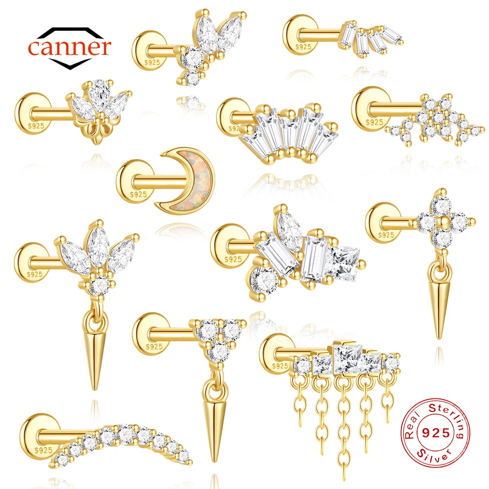 CANNER 1 STÜCK Krone Weide Nagelpunktion 925 Sterling Silber Ohrstecker Für Frauen Ins Pferdeauge Mond Quaste Spirale Punktion Geschenk