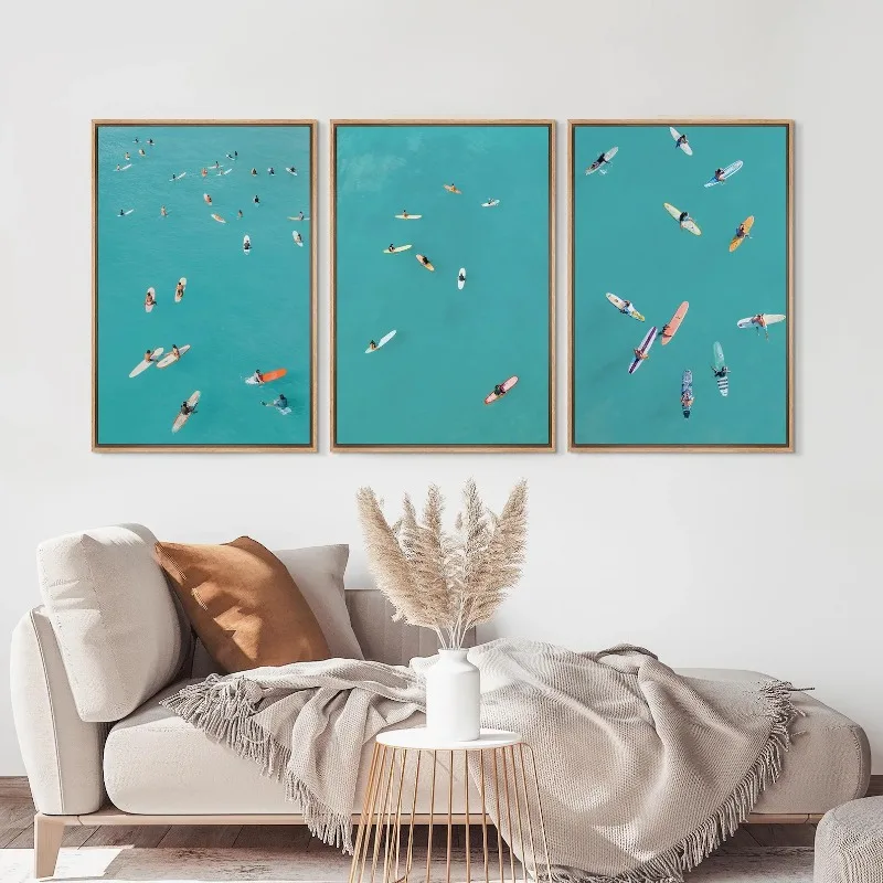 Surfing Wall Art Set of 3 - Frameless Summer Canvas Prints, Colorful Surfboards & Ocean Scene for Coastal Beach House Decor