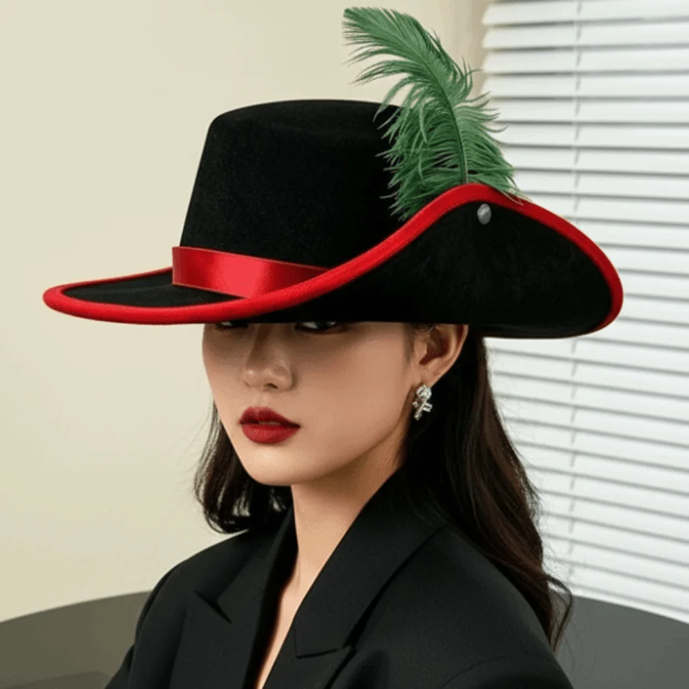 Felt Cavalier Top Hat Wide Brim Artificial Feather Feather Stage Cap Lightweight Black Masquerade Headwear Photo Studio Prop