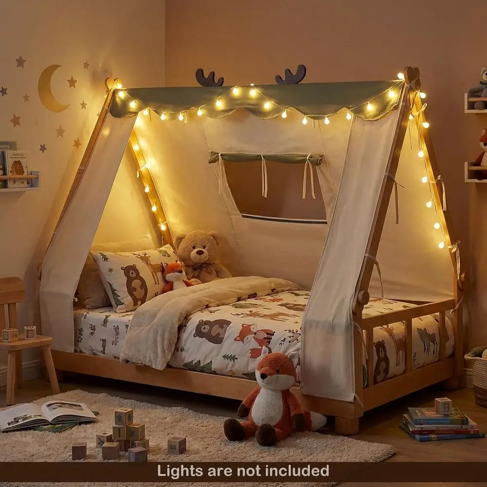 Twin Bed es or Kids, Wooden House Antlers-Shaped loor Bed | Montori Kids Bed w/Tent, Window, ence Guard Rails, & Wooden Slat Sup