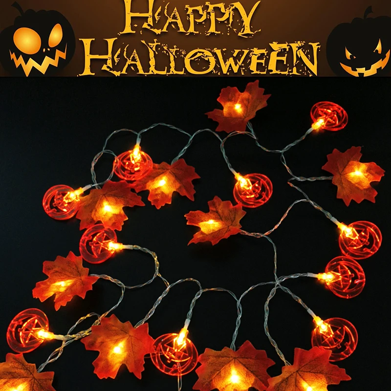 Halloween LED Light up Pumpkin String Lights Fall Maple Leaf with horror Pumpkin vines for halloween home decoration