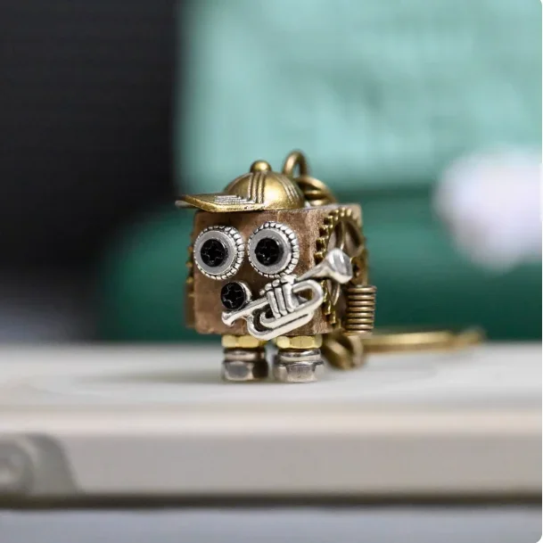 Steampunk Trumpet Robot Keychain Vintage Wooden Gear Charm EDC Bag Pendant Unique Gift for Men Women