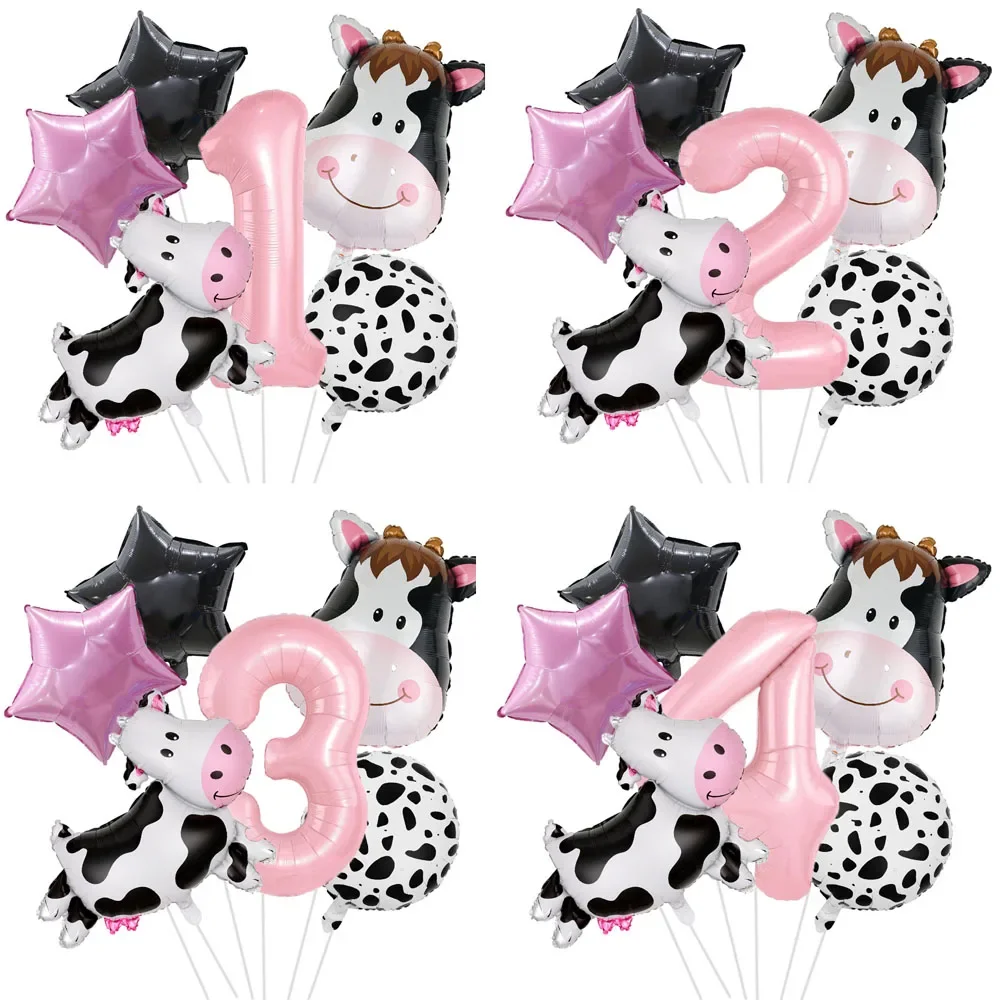 

6pcs Farm Animal Cow Theme Balloons Set 40nch Pink Number Foil Balloons 1-9th Baby Boy Birthday Party Decors Supplies