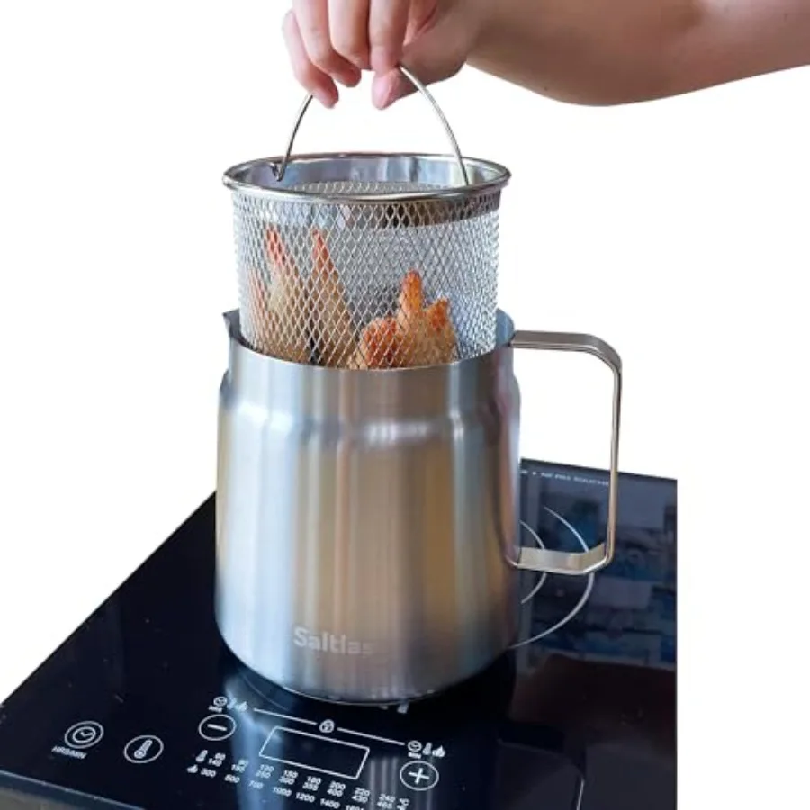 

304 Stainless Steel Deep Fryer Pot with Basket and Oil Strainer Double Bottom for Even Heating Bacon Grease Container for Kitch