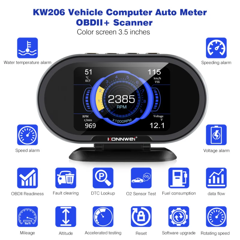 Konnwei kw206 OBD2 car on-board digital display auto scanner fuel consumption water temperature gauge