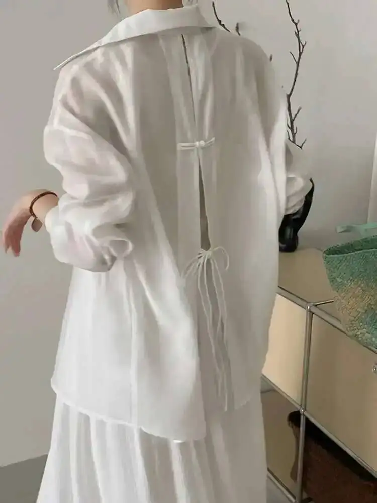 [LANMREM] Солнцезащитные рубашки с дизайном на пуговицах сзади для женщин, однобортные блузки в стиле минимализм с лацканами, новинка лета 202, 26D9108