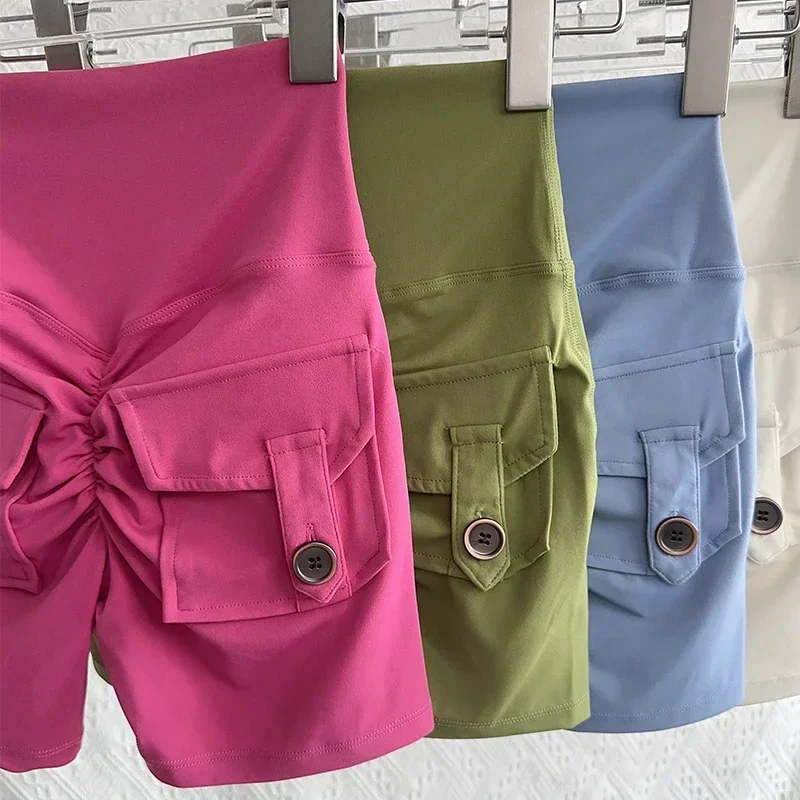 Shorts de yoga taille haute avec poche, leggings de sport, séchage rapide, entraînement de gym, cyclisme, sports de plein air, couleur chair, fesses de pêche