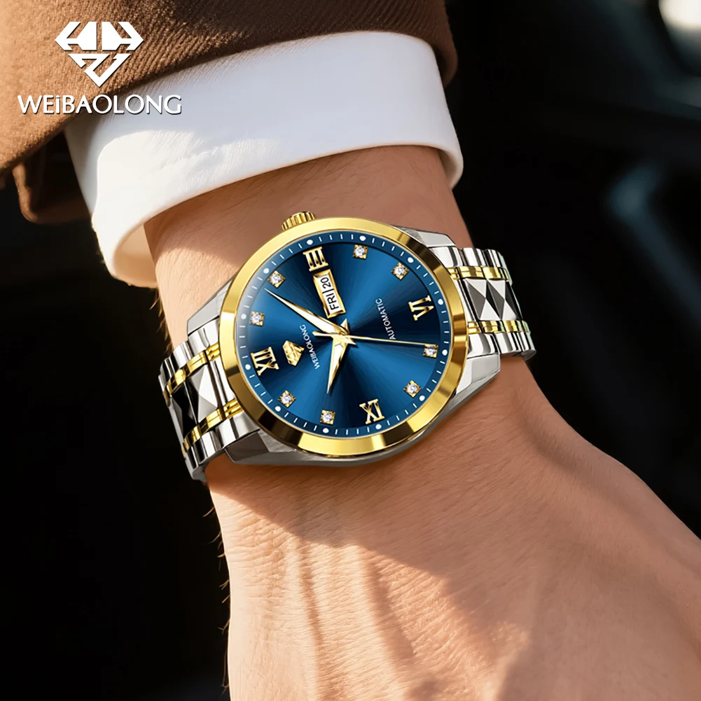ساعة WEIBAOLONG 3803 الماسية الحقيقية للرجال مستوردة بحركة أوتوماتيكية ساعة يد ميكانيكية للأعمال