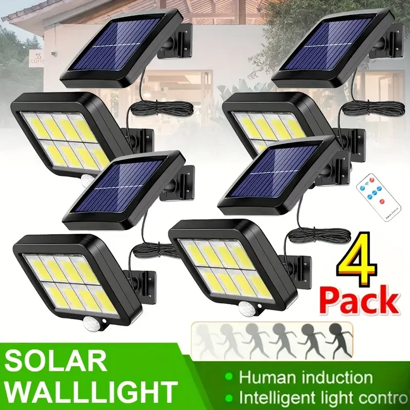 Luces de pared solares ultrabrillantes con 160 LED COB, sensores de movimiento, patio de alambre desmontable de 16,4 pies, patio, terraza, valla de garaje