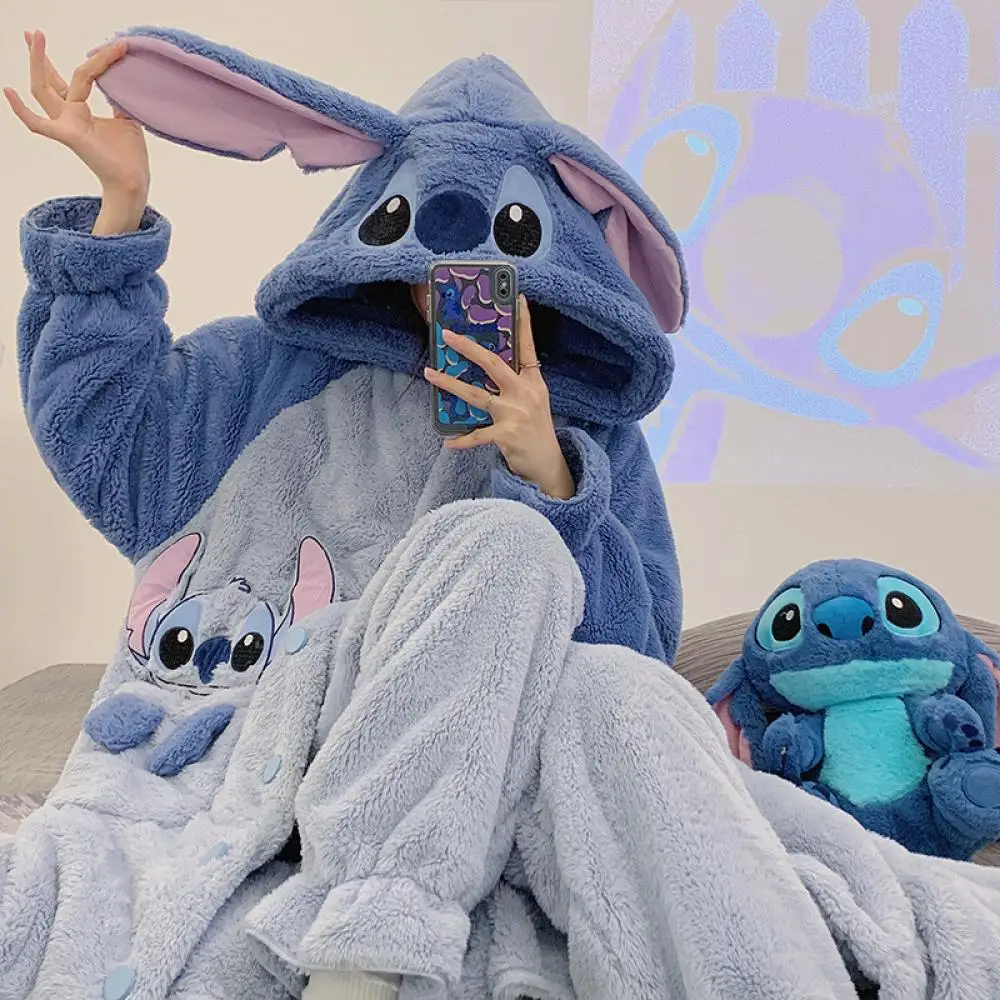 

Anime Cartoon Stitch Coral Velvet Pajamas Suit Disney Kawaii 2Pcs Women Plush Winter Thicken Homeclothes Warm Sleeping Gown