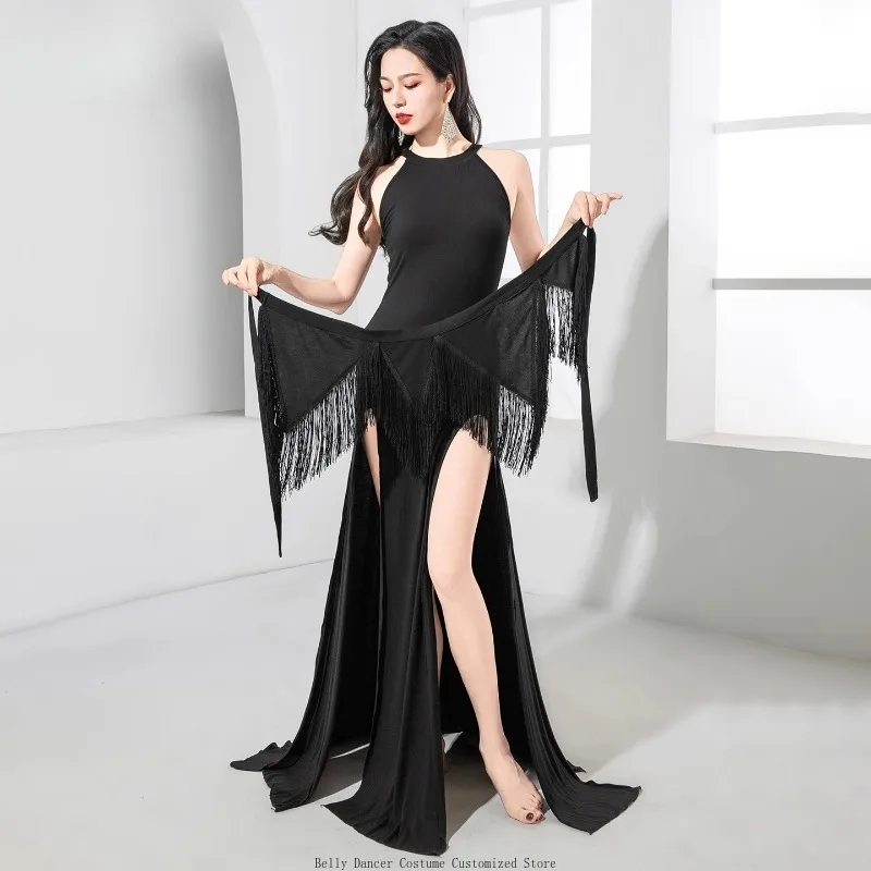 Customized Belly Dance Costume for Women's Modal Dress+Tassel Hip Scarf 2pcs Adult Oriental Dancing Professional Practice Outfit